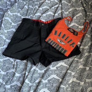 Authentic Harley Davison ￼ Black Shorts ￼And Orange Tank Top Set ￼, Very Nice